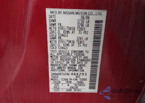 2006 Nissan Frontier Se z USA, uszkodzony, nr VIN 1N6AD07U56C464293